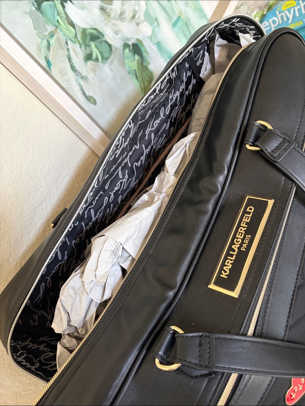 Karl Lagerfeld Black Quilted Duffel Bag with Gold Trim and Enamel Pins - Picture 5 of 5